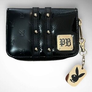 PLAYBOY Black Wallet Coin Purse Bunny Logo Pattern Gold Stud Accents Logo Tag